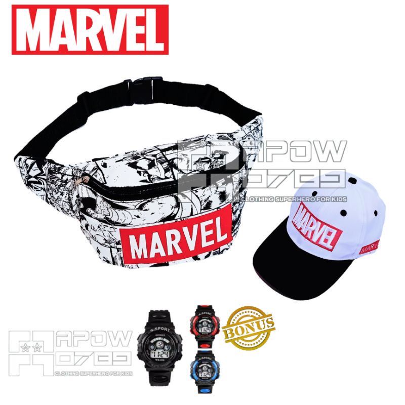 Tas anak tas pinggang anak dan topi anak free jam tangan sport ,paket 3 in 1 terbaru motif kartun superhero