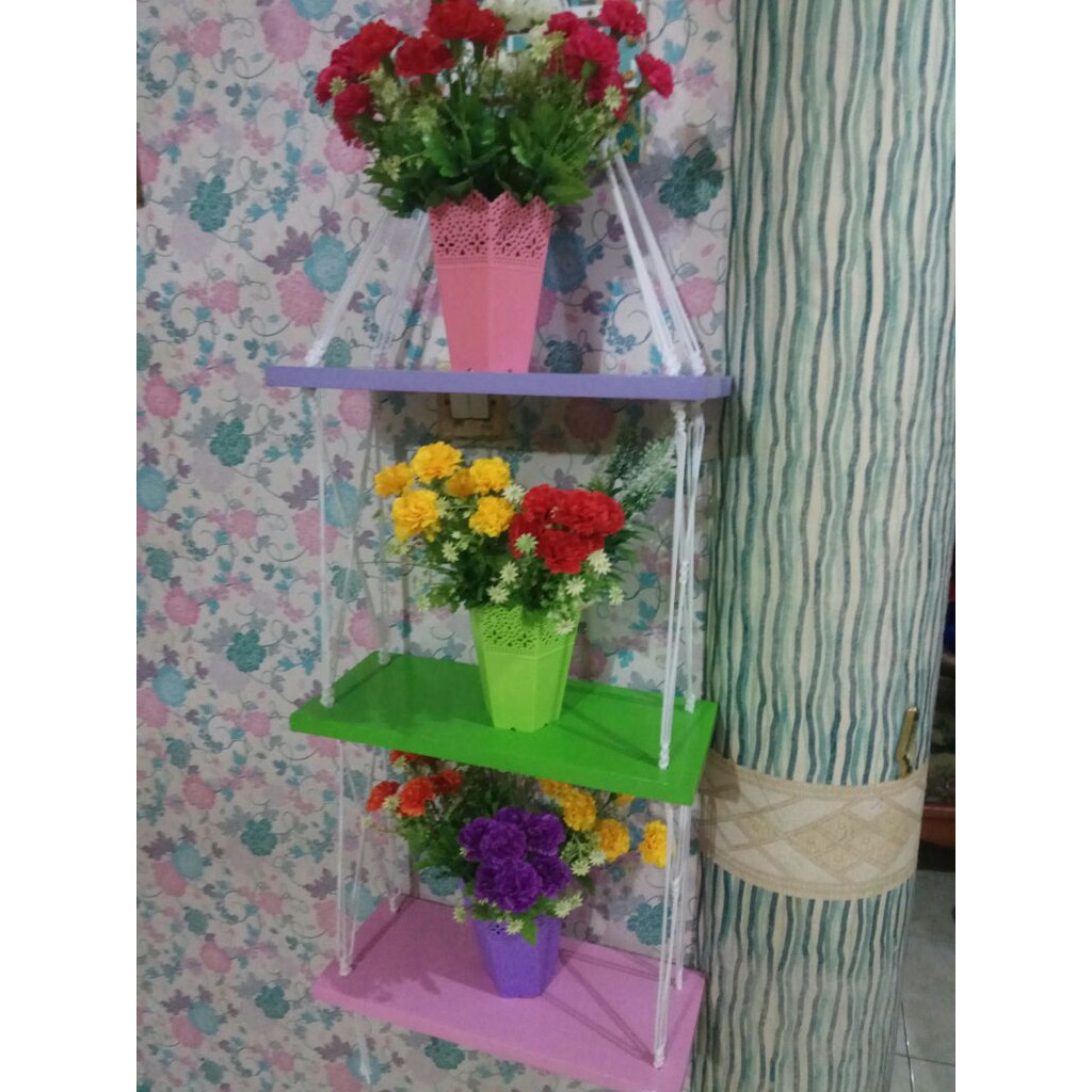 Rak Dinding Gantung Dapur Melayang Tiga Susun Ungu Hijau Pink Tali Putih