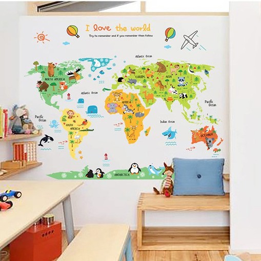 RELIZA WALL STICKER PETA DUNIA ANAK MAP I LOVE THE WORLD ANIMAL ABC1049 STIKER DINDING