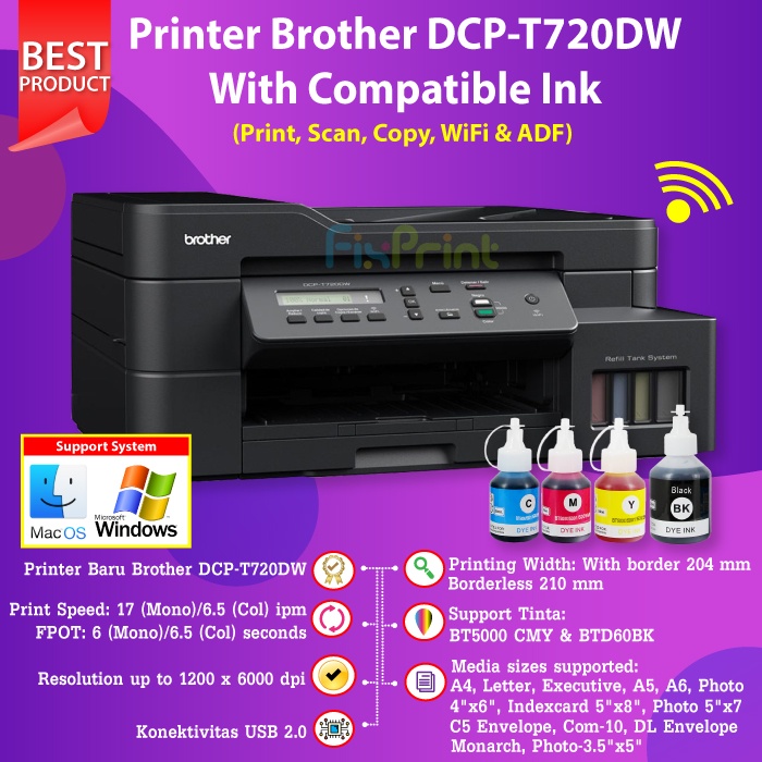 Printer Brother DCP-T720DW T720 WiFi Print Scan Copy Tinta BT D60Bk BT5000