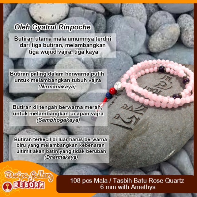 Tasbih / Mala Buddha 108 Batu Rose Quartz 6 mm with Amethys