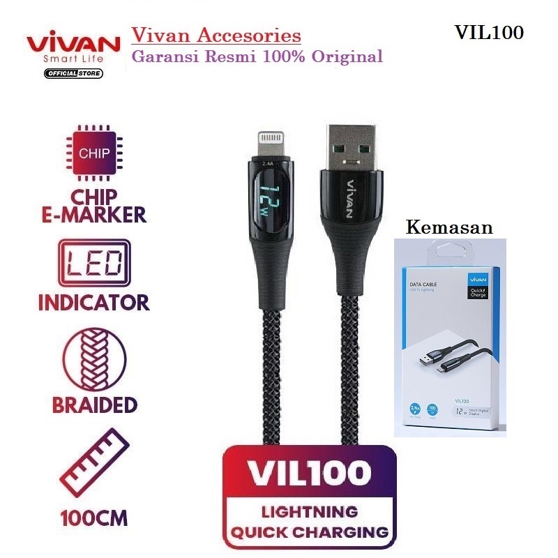 VIVAN Kabel Data VIL100 USB To Lightning 12W 2.4A 1M Fast Charging LED