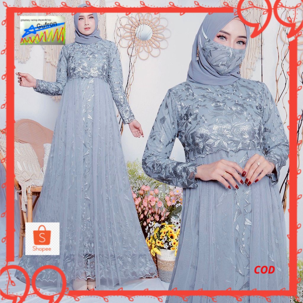 (New Free Masker Brukat) Yumna Full Brukat Tile /Gamis Pesta/Baju Muslim Wanita Jumbo/Gamis Brukat T