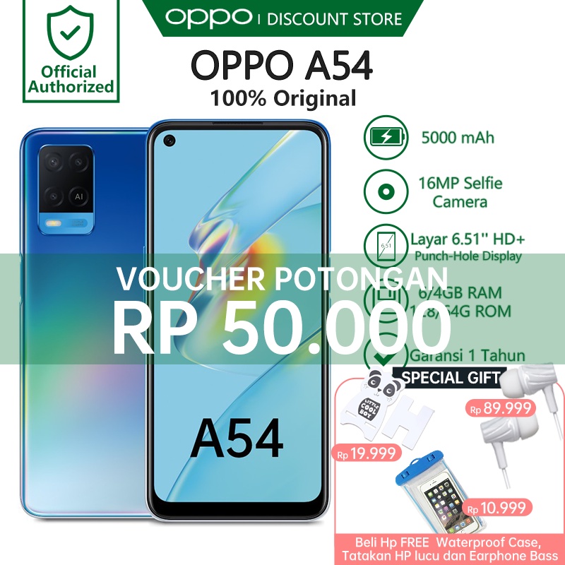 OPPO A54 6/128GB [18W Fast Charging IPX4 Water Resistant, 16MP Selfie Camera ORIGINAL SEGEL BARU NEW