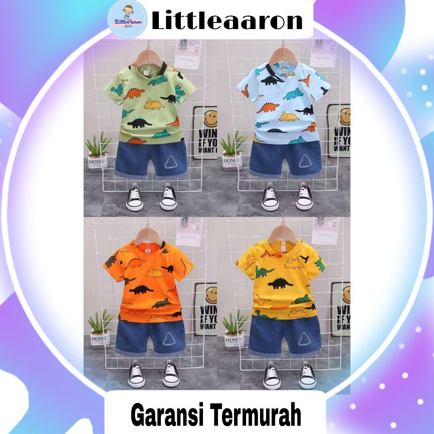 LittleAaron SET JEANS COLOUR DINO 065 EBV Setelan Kaos Anak Bayi Laki-laki Lengan Pendek 6bulan - 4tahun