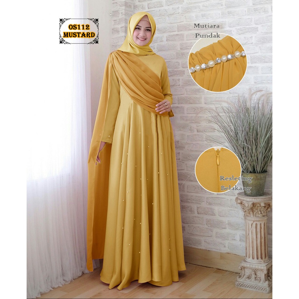 Gaun Pesta Os112 Mustard Gamis Dan Selendang Ceruty Nempel Realpict Gamis Pesta Gamis Remaja