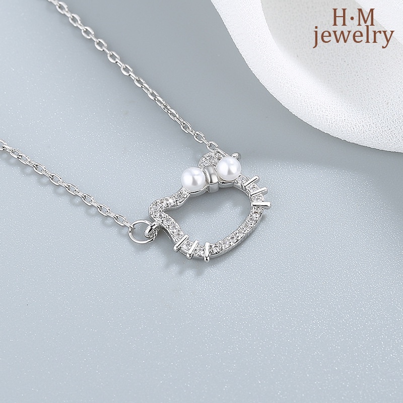 Liontin Kalung Bentuk Kepala Kucing Lucu Elegan Dengan Mutiara