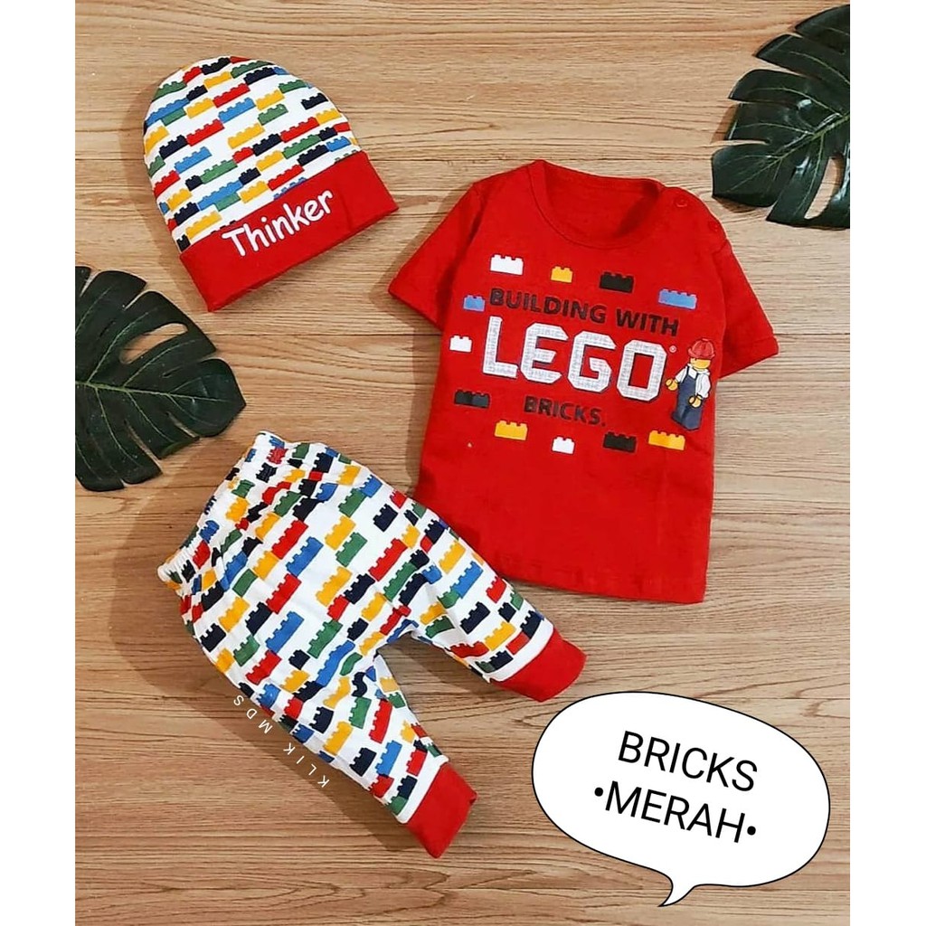 Setelan Bayi Laki-Laki Free Topi Pakaian Bayi Bricks 1 Ukuran Estimasi 0-9 Bulan