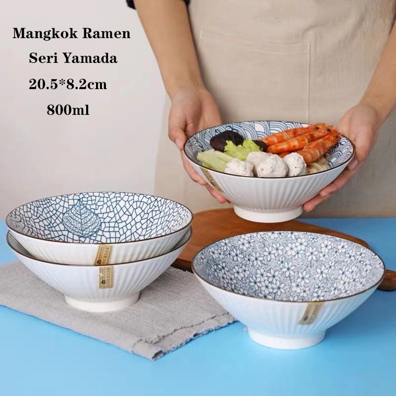 Mangkok Ramen Mangkok Keramik Jepang Seri Yamada Mangkok Ramen Keramik 20cm