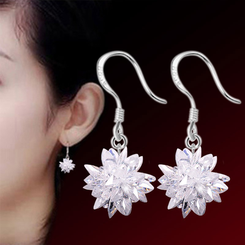 925 Perak Perempuan Liontin Anting-Anting Gaya Korea Bunga Es Bunga Crystal Fashion Perhiasan