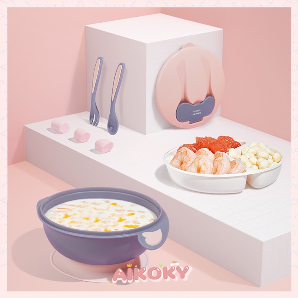 AIKOKY Mangkok Makan Bayi Anak Anti Tumpah/Mangkuk Sendok Garpu Bayi Set Double Layer Training Bowl Tempat Makan Anak