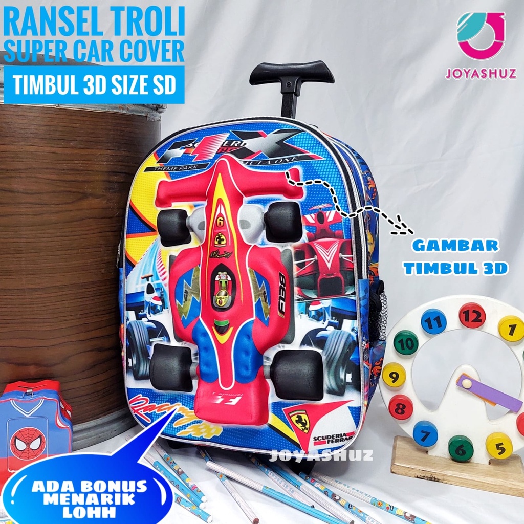 Tas Troli 3D Anak SD Berbonus - Ransel Troli 3D Anak SD Super Car - Tas Troli Sekolah Anak SD Karakter Super Car - Tas Troli Anak Laki-Laki SD Gratis Botol Dan Misting - Tas Troli Sekolah Anak Karakter Lucu - Joyashuz