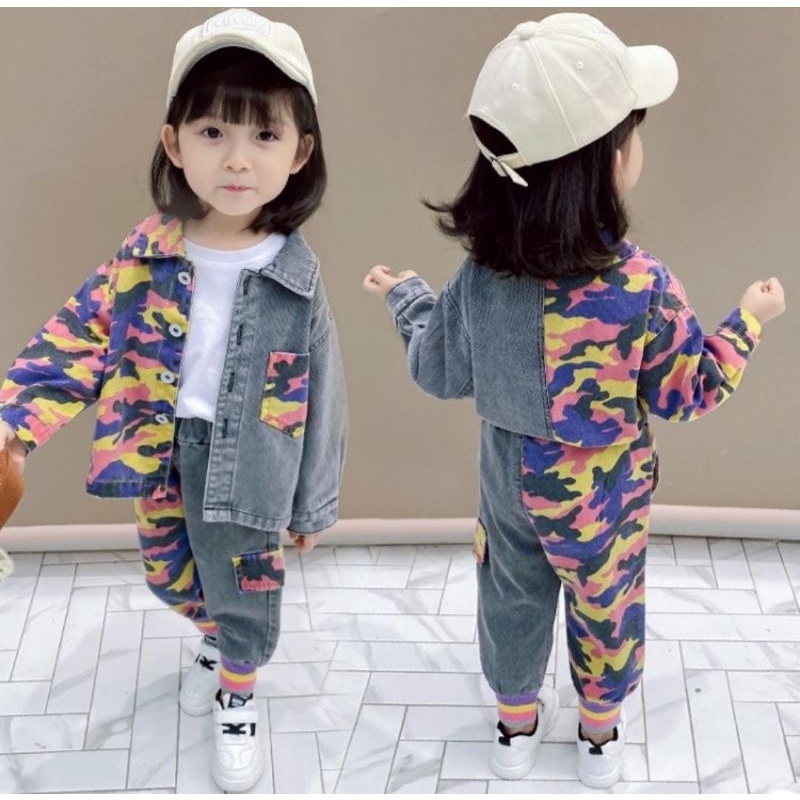 setelan kemeja bahan jeans motif army anak perempuan baju import cewek usia 3 tahun - 8 tahun