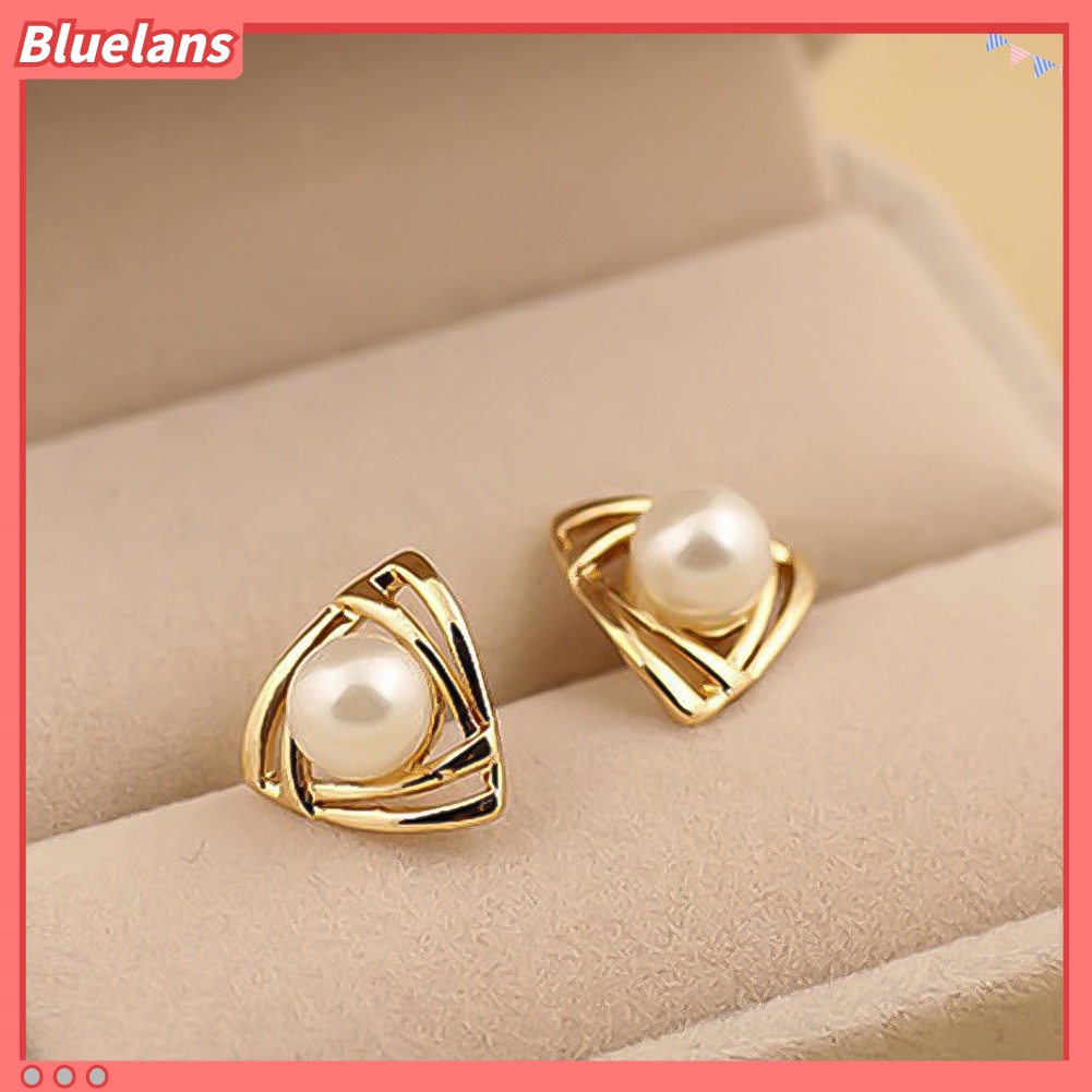 Bluelans Women Faux Pearl Inlaid Double Triangle Crossover Ear Stud Earrings Jewelry Gift