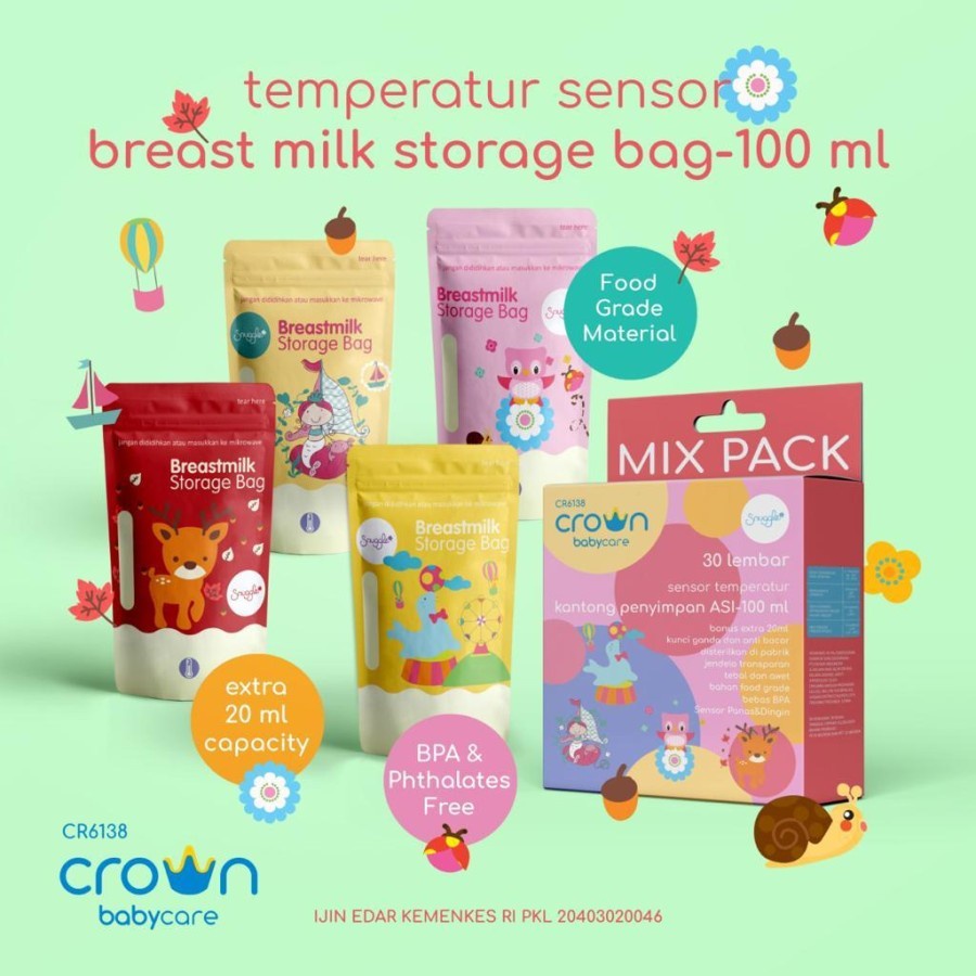 CROWN SNUGGLE TEMPERATURE SENSOR BREAST MILK STORAGE BAG 100ML 30PCS