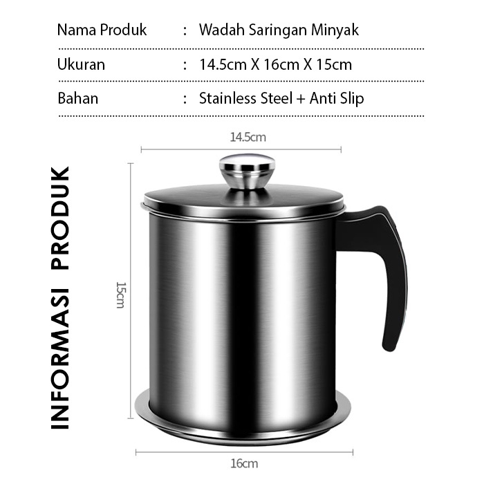 Tempat Penyaring Wadah Minyak Bekas Kapasitas Besar 1,4 Liter Bahan Stainless Steel Anti Slip Peralatan Dapur Import - CF-19 - Comfort Homes