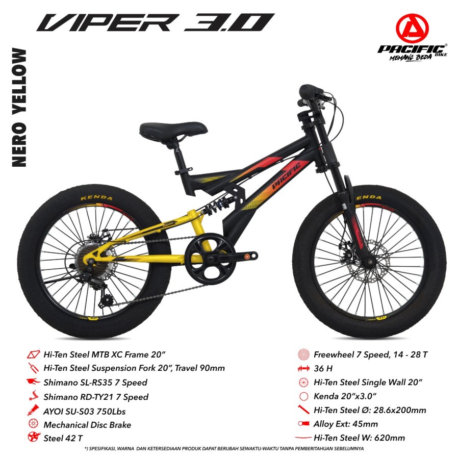 SEPEDA GUNUNG ANAK PACIFIC VIPER 3.0 20“ 7 SPEED FRAME STEEL MECHANICAL DISC BRAKE MOUNTAIN BIKE