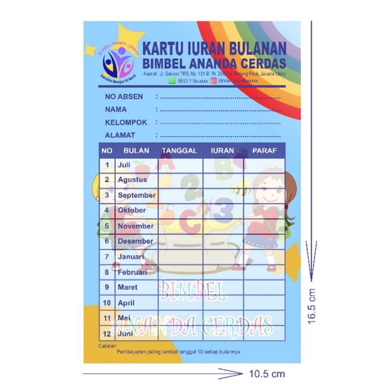 

CETAK KARTU SPP/INFAQ/IURAN BULANAN (bisa request nama alamat dan logo lembaga)
