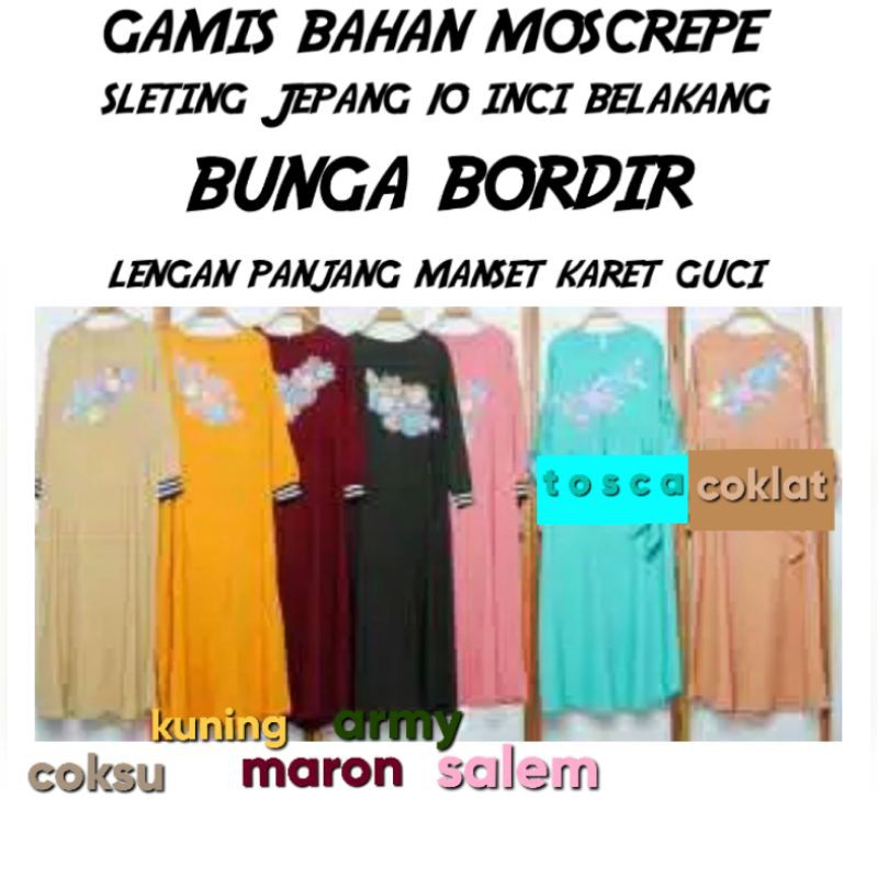 GAMIS MAXY DRESS MOSCREPE POLOS KOMBINASI BORDIR BUNGA JAHIT LENGAN PANJANG