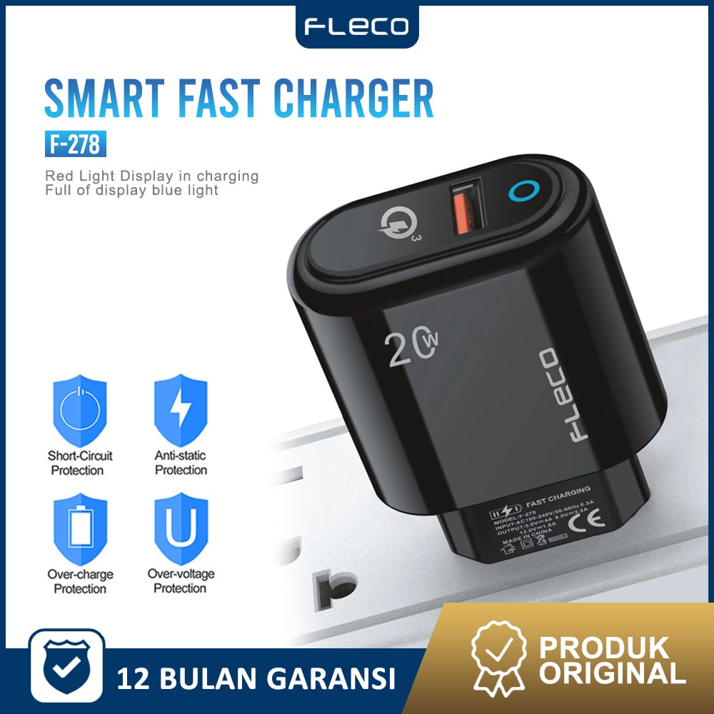 Kepala Charger fast charging 20W Charger Adaptor original F-278 FLECO FREE kabel MICRO