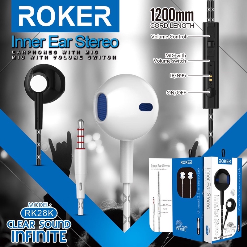 GROSIR HANDSFREE ROKER RK28K INFINITE CLEAR SOUND WITH VOLUME CONTROLLER ORIGINAL EARPHONE