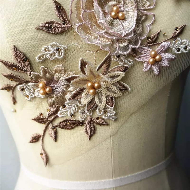 Aplikasi Lace 3D Flowers Beads Rhinestones