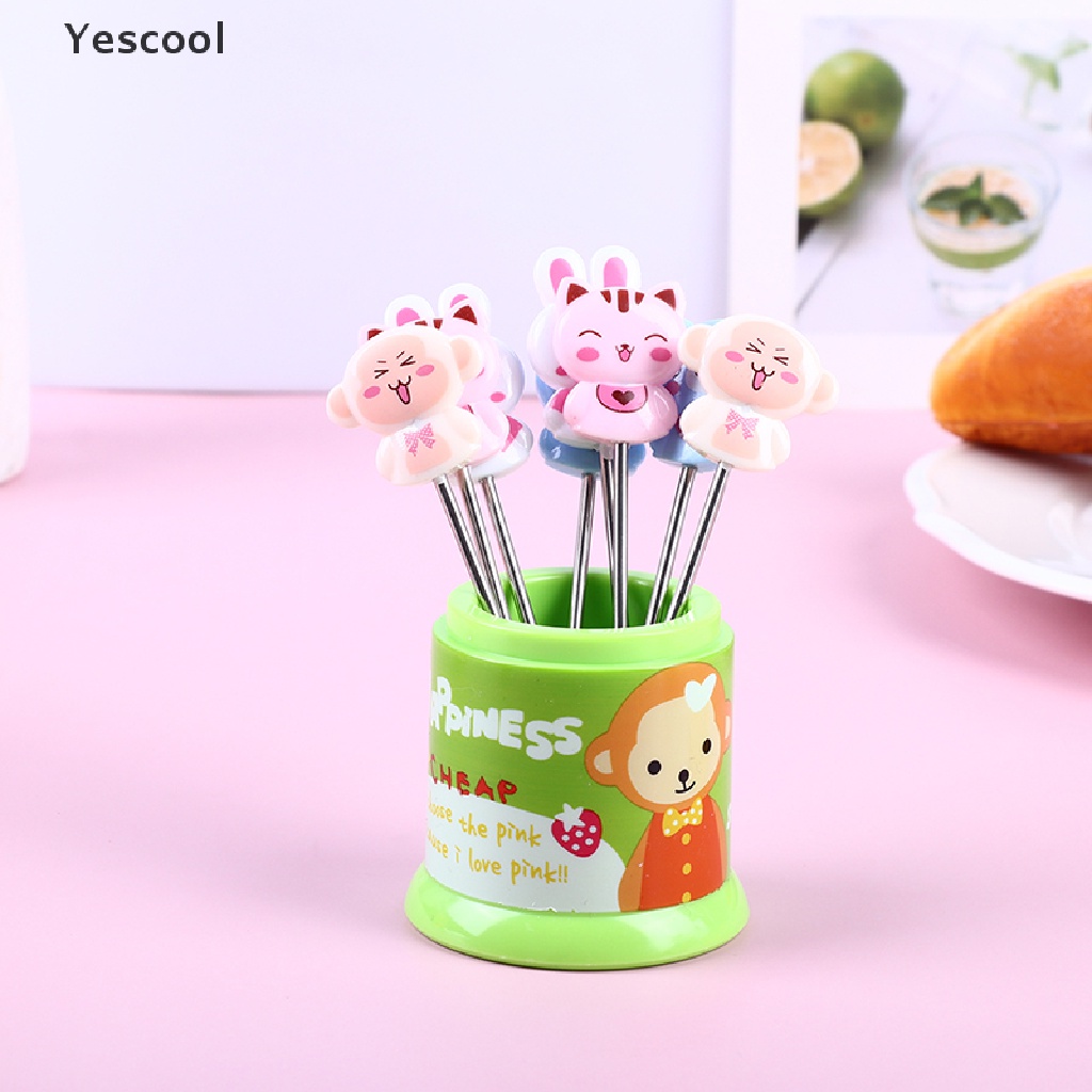 Yescool 1 Set Garpu Buah / Dessert Bahan Stainless Steel Desain Hewan Warna Pelangi Dengan Toples Penyimpanan