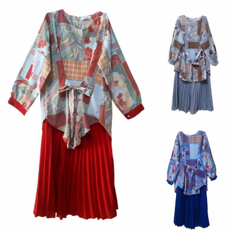 Setelan Baju Anak Perempuan Rok Plisket  9-14Th