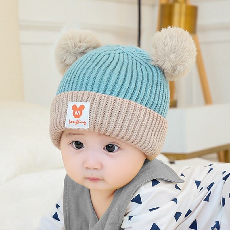 Topi Anak Bayi Kupluk Cewek Pompom 2 Warna / topi bayi perempuan 0-6 bulan lucu korea / Topi Anak Ba