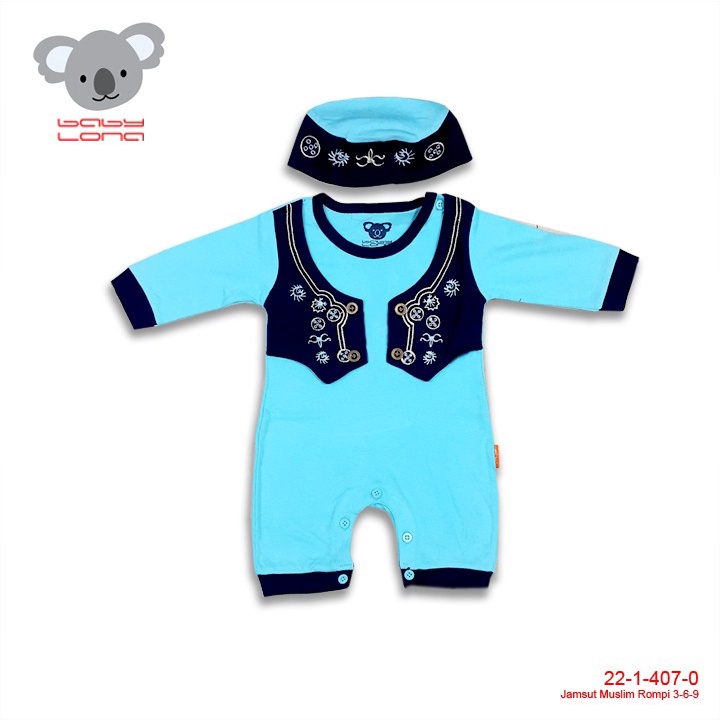 Baby Lona Baju Muslim Koko Bayi Rompi Bordir 02 Set Peci 3-9 Bulan-1