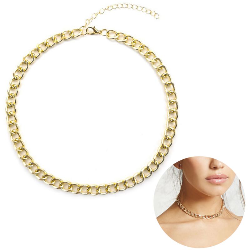 Kalung Choker Retro Rantai Pipih Medium Alumunium Anti Karat Edgy Style Punk Hip Hop