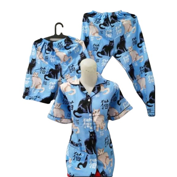 JNV Piyama CP 3in1 Wanita Motif Karakter Kartun 03 - Baju Tidur 3in1 - Bahan Katun-Sitting Cat