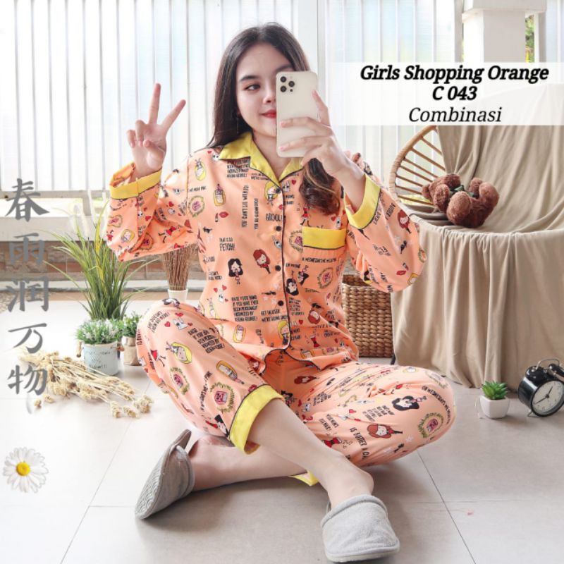 baju tidur piyama dewasa LENGAN PANJANG L muat bb 55 kg setelan piyama baju tidur-Girl orange ppl