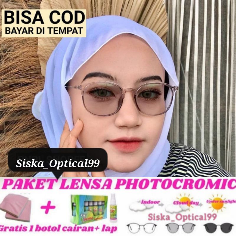 Frame Kacamata Photocromic Wanita 2124 | Kacamata Minus Antiradiasi, (Paket Frame+Lensa)