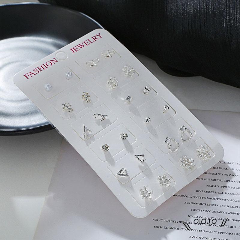 【COD】12 Pasang / Set Anting Tusuk / Stud Model Campur Bahan Silver Untuk Wanita