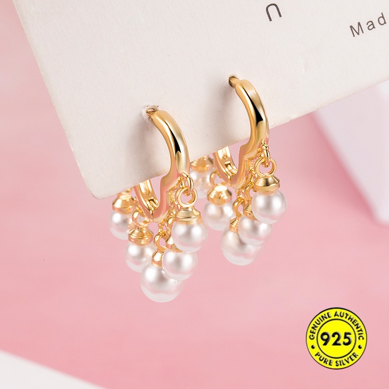 Anting Klip Telinga Lapis Emas 18K Hias Liontin Rumbai Mutiara Bahan Sterling Silver Anti Karat