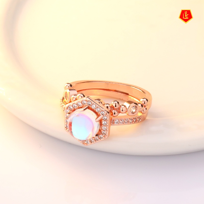 [Ready Stock]Inlaid Moonstone Ring 925 Silver Simple All-Match