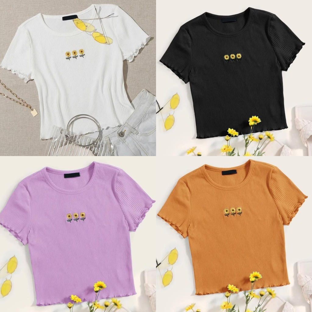 Tq88indonesia Fashion Baju Kaos Wanita Lengan Pendek / Triple Sunflo Kriwil Top RIB / Baju Atasan Wanita Terbaru / Baju Santai Cewek / Ootd Terbaru / Outfit Citayam