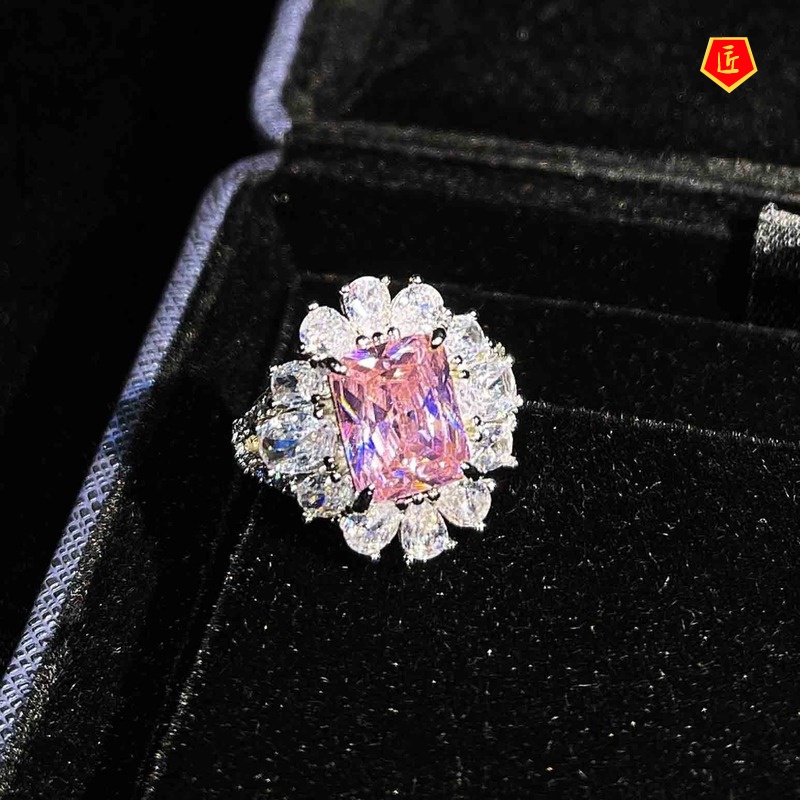 [Ready Stock]Square Pink Diamond Topaz Rings Ear Studs Suit for Women