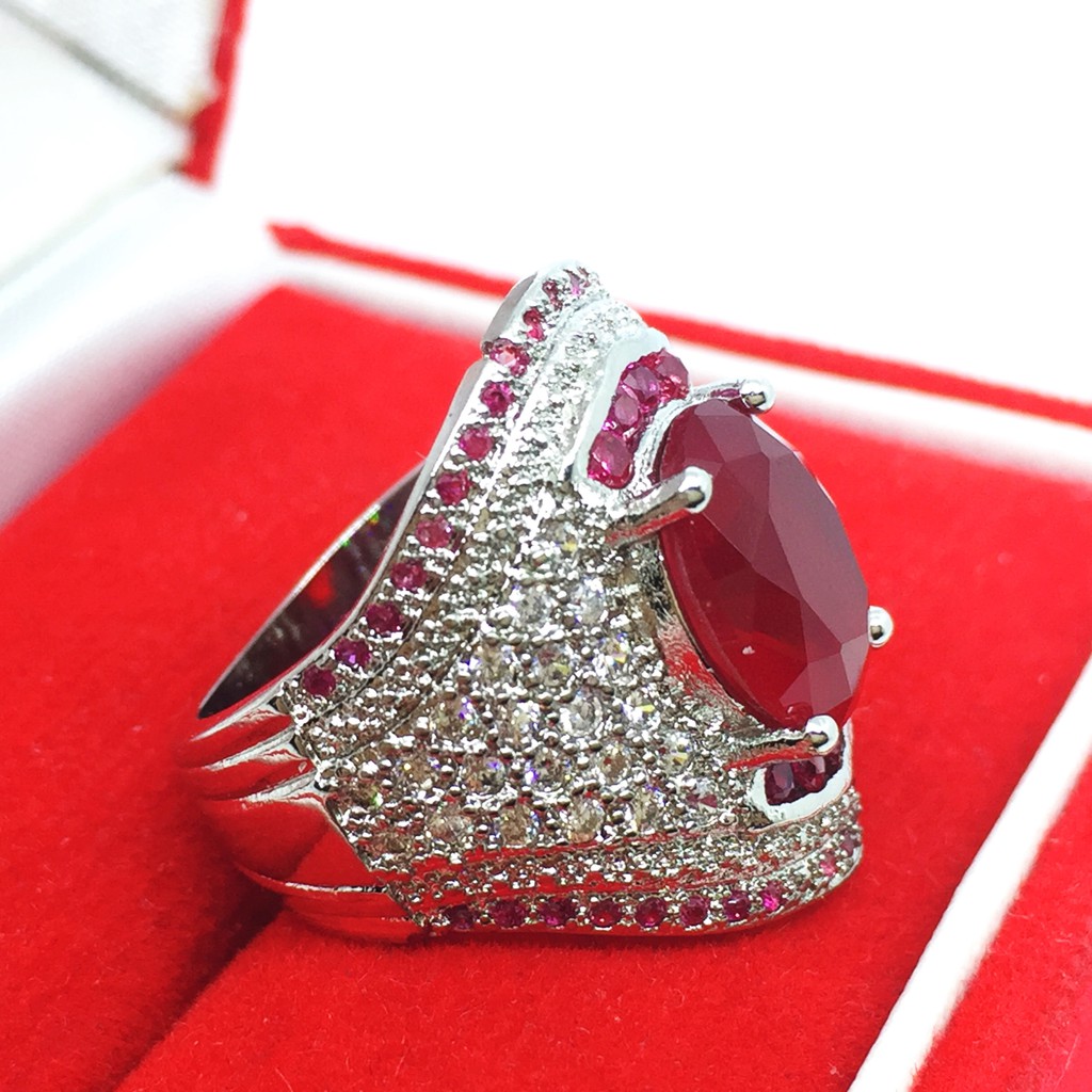 Cincin Lapis Emas Putih Besar Batu Merah Pinggir Fuschia Mewah - BR224