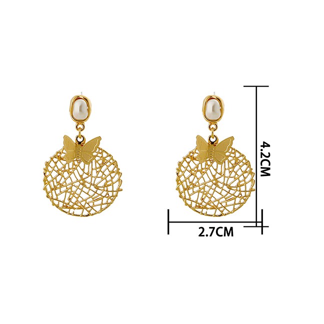LRC Anting Tusuk Fashion Gold Color Pearl Round Hollow Metal Butterfly Earrings K78081