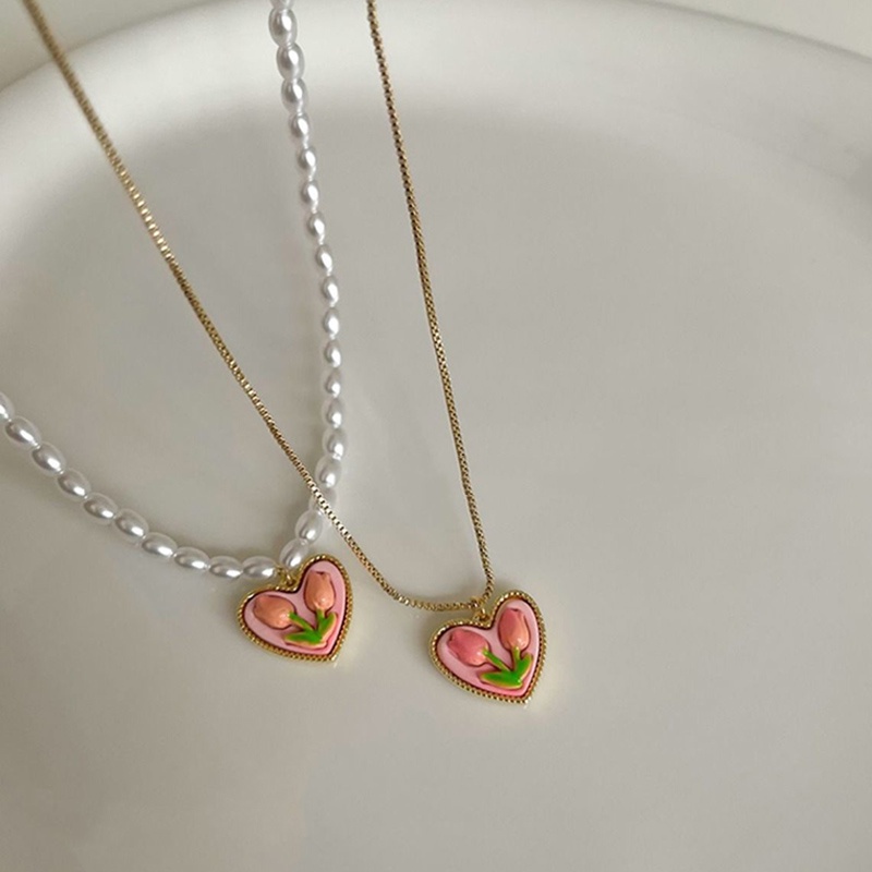 Kalung Mutiara Bentuk Bunga Tulip Warna Pink