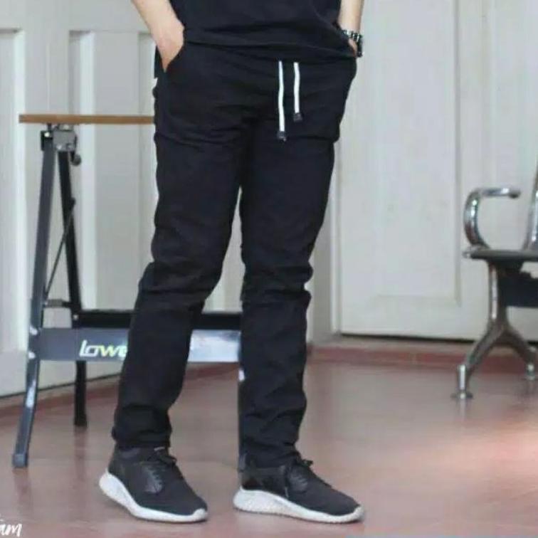 PNJ.678271 ▫ Celana chino panjang rip pinggang karet polos pria bara katun krem outdoor distro cowok