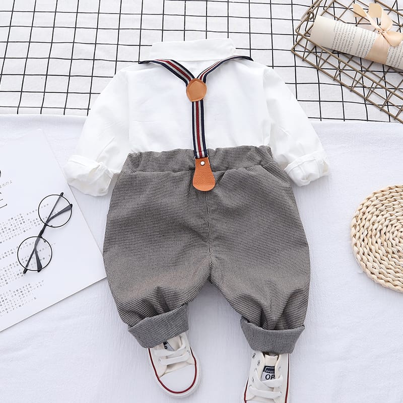 BABYLOVANTA- Setelan kodok abu putih baju baby impor premium/ 0-5 Tahun baju KODOK BOWTIE