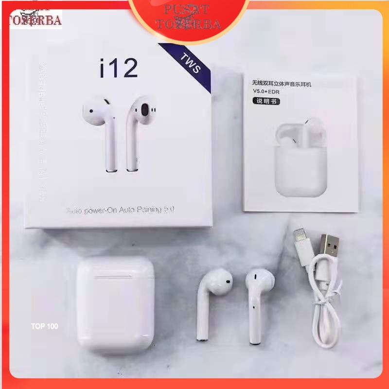 Headset Bluetooth TWS i12 Wireless Earphone Dual Ear Headset Wireless dengan Kotak Charger - earphon