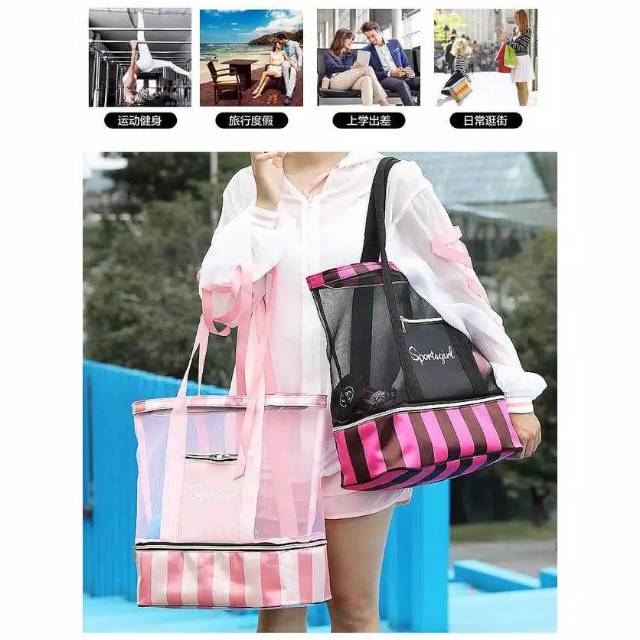 Tas renang waterproof bran VS victoria's secret original stripe black pink ada pouch gym bag