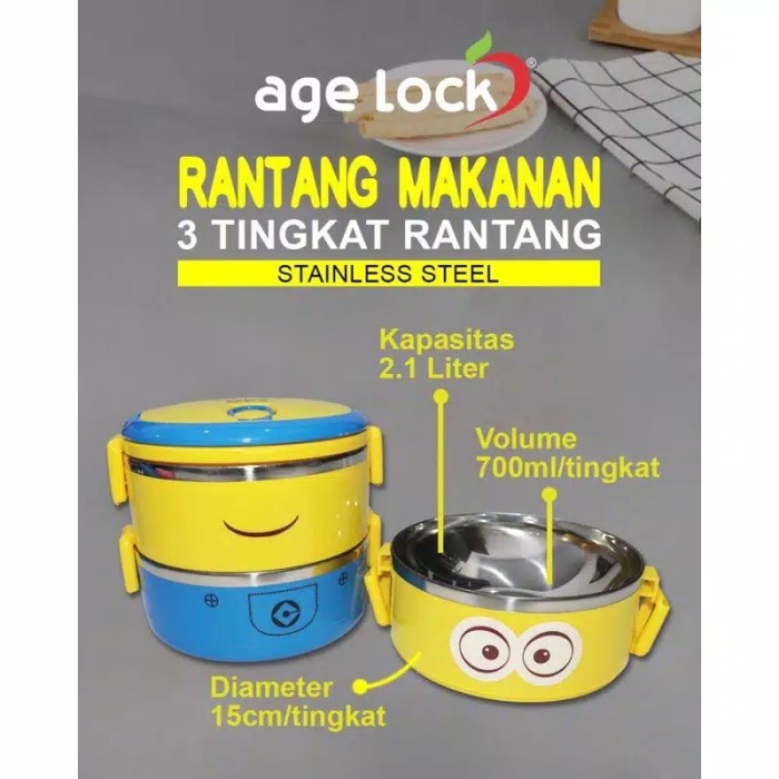 Rantang Makanan 3 Tingkat Minion Stainless Steel Merk Age Lock