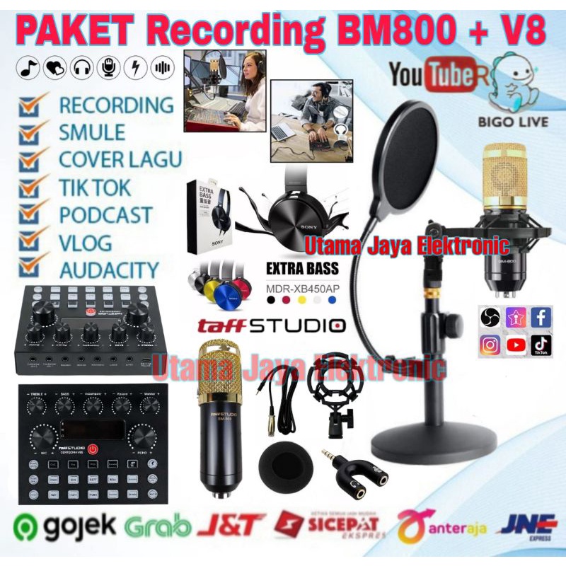 Paket Mikrofon BM800 Soundcard V8s Bluetooth Stand Meja Pop Filter Microphone Terbaik