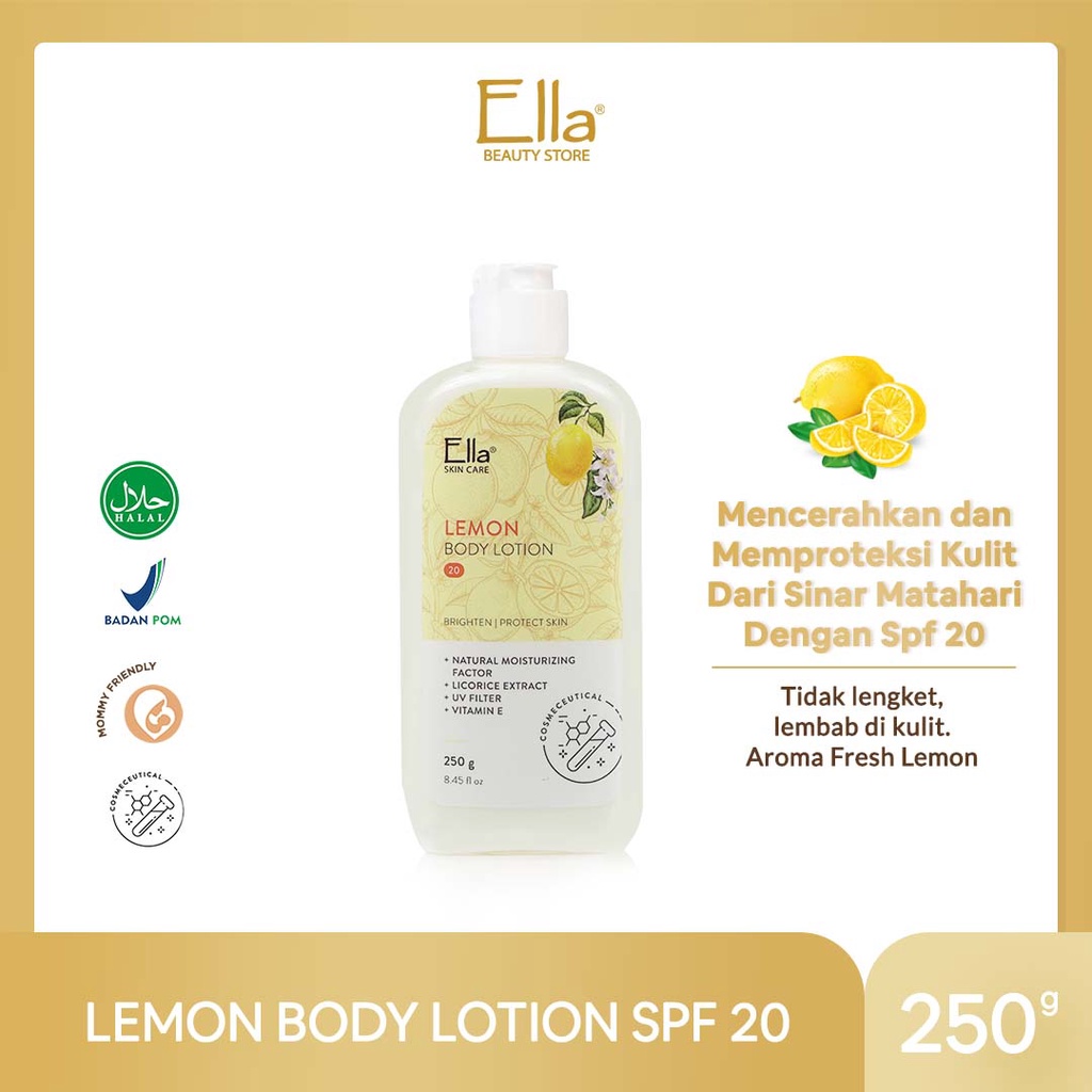 Ella Skincare Whitening Body Lotion SPF 20 LEMON with Licorice Extract & UVA UVB Filter - Kulit Cerah & Terlindung dari Paparan sinar UV