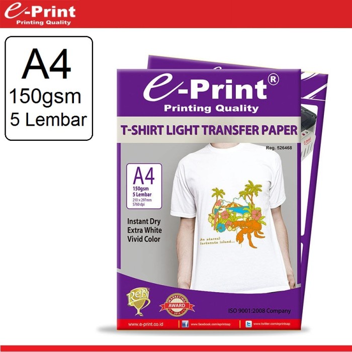 

Senikertas- E-Print Light T-Shirt Transfer Paper A4 - Kertas Print Sablon 5 Lembar -Kertas-Seni.
